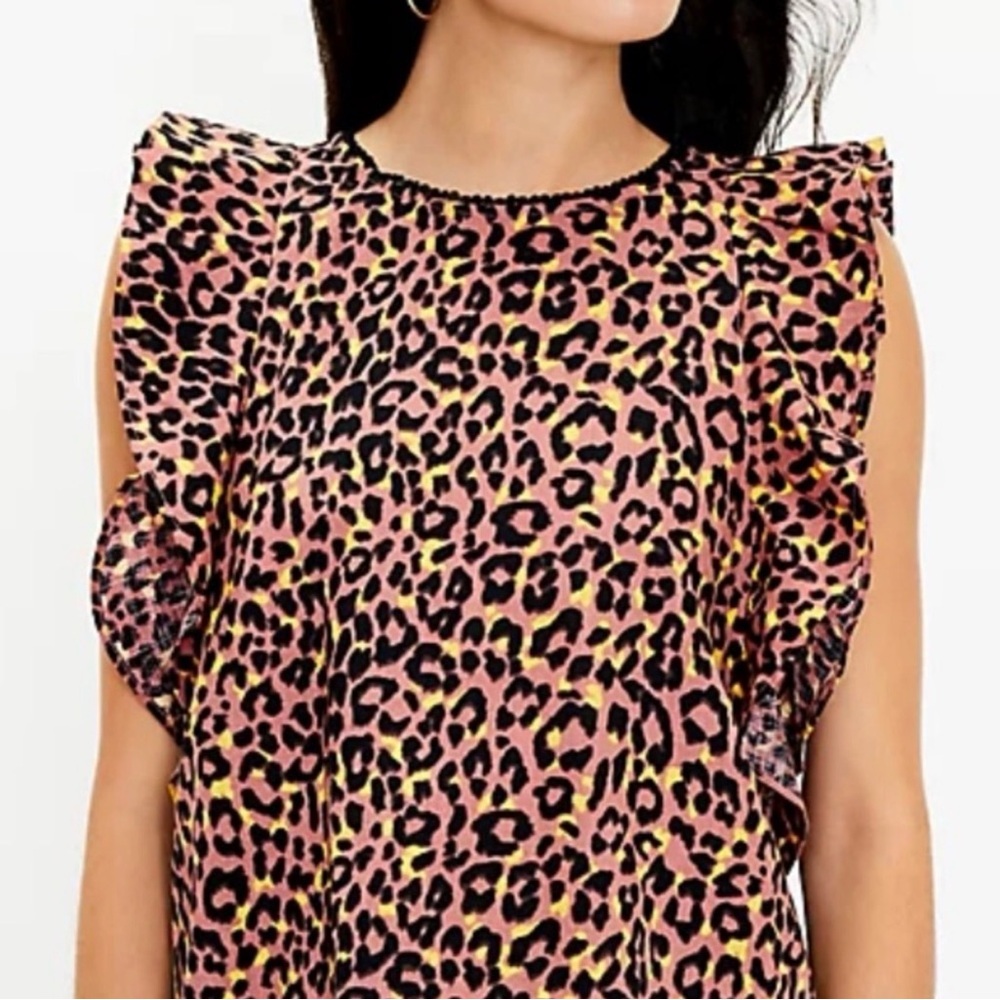 LOFT‎ Large Leopard Print Cutout Back Cotton Ruffle Shell Top - Picture 2 of 10